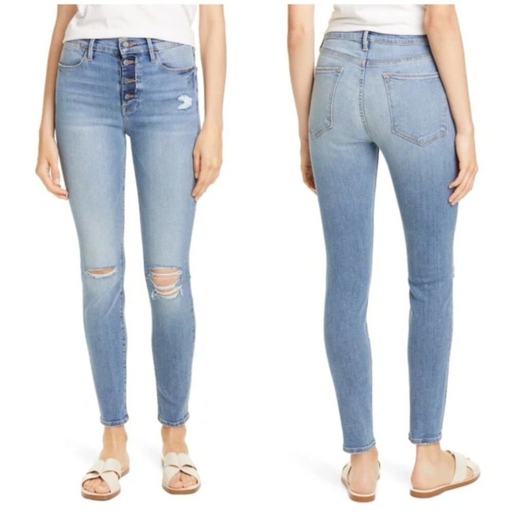 Frame Le High Skinny Jeans SIZE 26 Rooftop Blue Distressed Button Fly Denim